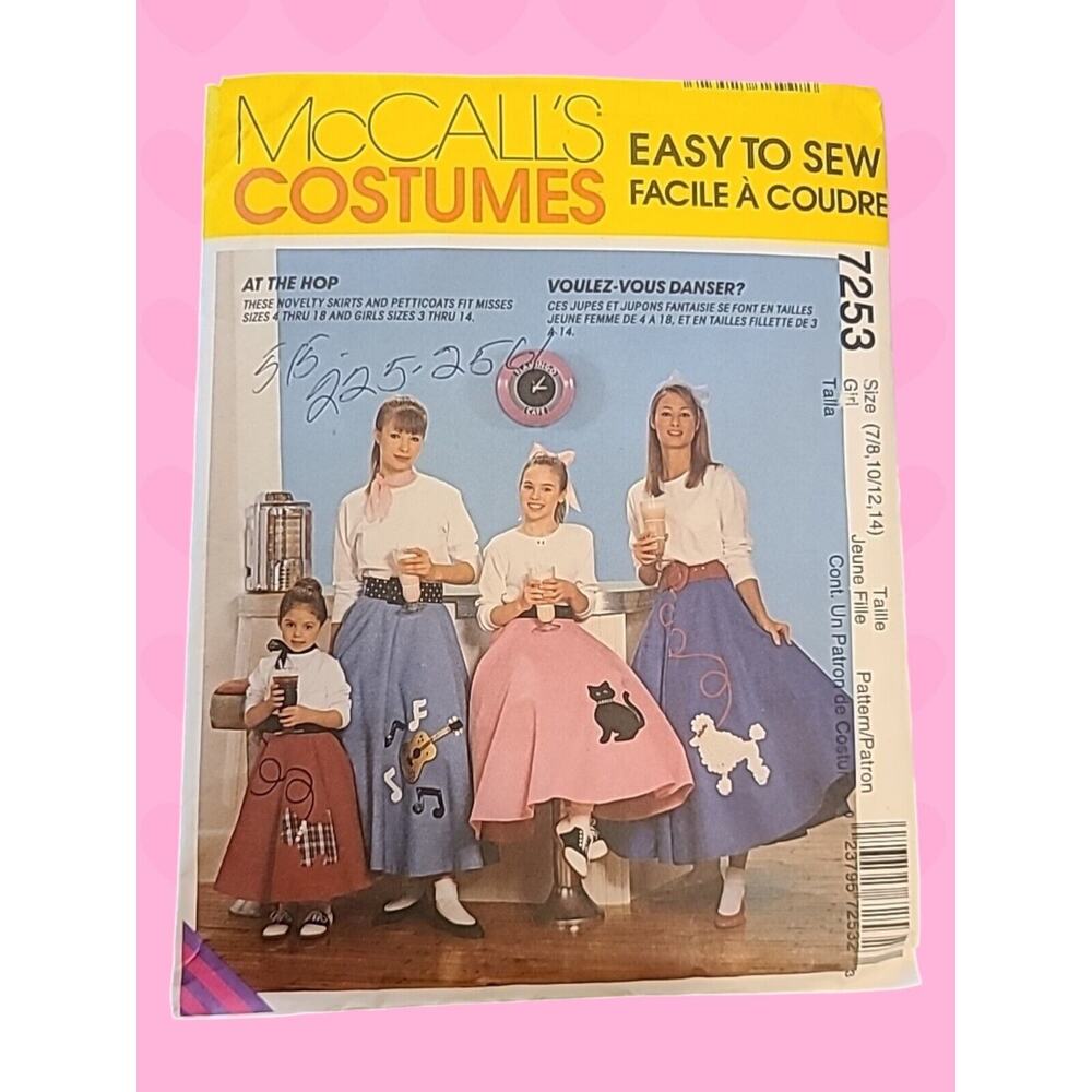 McCall's Sewing‎ Pattern #7253 Costume At The Hop Poodle Skirt Girls 7-14 UNCUT
